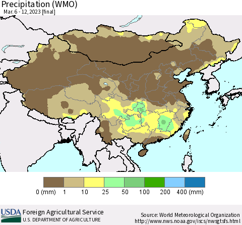 China, Mongolia and Taiwan Precipitation (WMO) Thematic Map For 3/6/2023 - 3/12/2023
