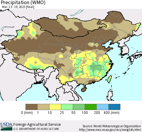 China, Mongolia and Taiwan Precipitation (WMO) Thematic Map For 3/13/2023 - 3/19/2023