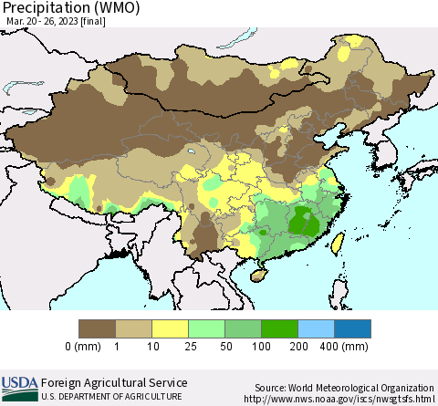 China, Mongolia and Taiwan Precipitation (WMO) Thematic Map For 3/20/2023 - 3/26/2023