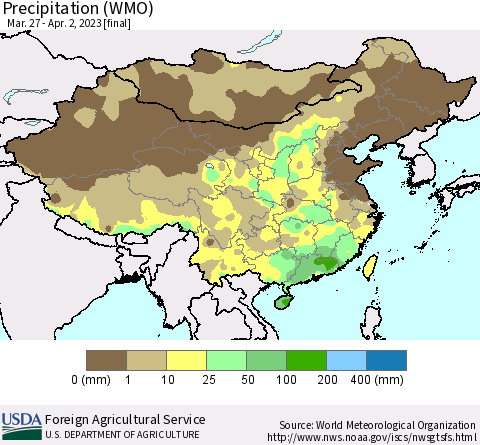 China, Mongolia and Taiwan Precipitation (WMO) Thematic Map For 3/27/2023 - 4/2/2023