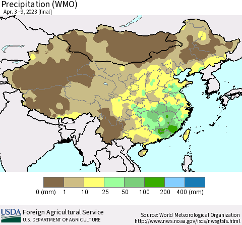 China, Mongolia and Taiwan Precipitation (WMO) Thematic Map For 4/3/2023 - 4/9/2023