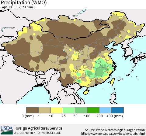 China, Mongolia and Taiwan Precipitation (WMO) Thematic Map For 4/10/2023 - 4/16/2023