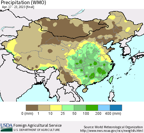 China, Mongolia and Taiwan Precipitation (WMO) Thematic Map For 4/17/2023 - 4/23/2023