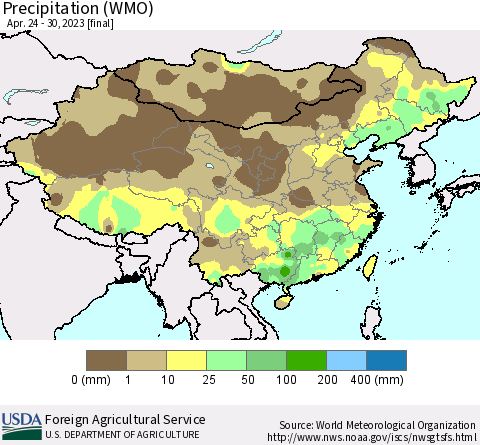 China, Mongolia and Taiwan Precipitation (WMO) Thematic Map For 4/24/2023 - 4/30/2023