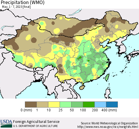 China, Mongolia and Taiwan Precipitation (WMO) Thematic Map For 5/1/2023 - 5/7/2023