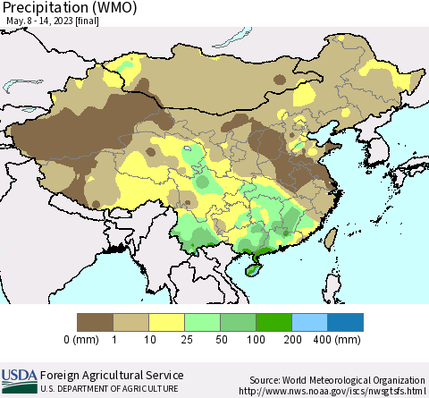 China, Mongolia and Taiwan Precipitation (WMO) Thematic Map For 5/8/2023 - 5/14/2023