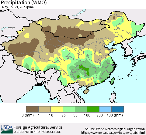 China, Mongolia and Taiwan Precipitation (WMO) Thematic Map For 5/15/2023 - 5/21/2023