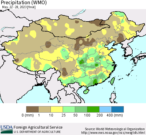 China, Mongolia and Taiwan Precipitation (WMO) Thematic Map For 5/22/2023 - 5/28/2023