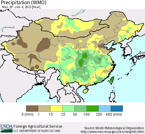 China, Mongolia and Taiwan Precipitation (WMO) Thematic Map For 5/29/2023 - 6/4/2023