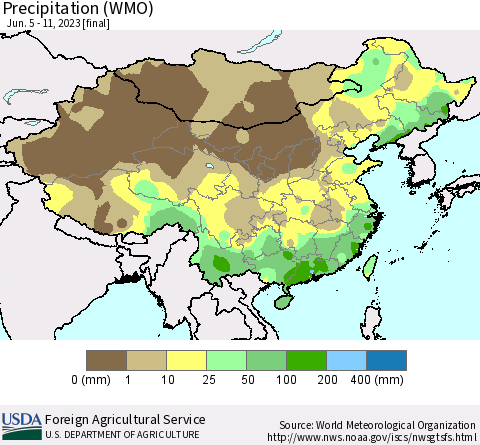 China, Mongolia and Taiwan Precipitation (WMO) Thematic Map For 6/5/2023 - 6/11/2023