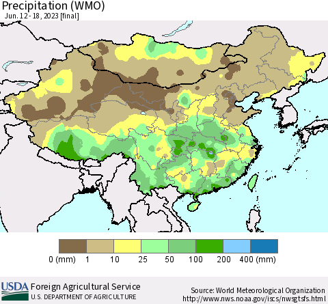 China, Mongolia and Taiwan Precipitation (WMO) Thematic Map For 6/12/2023 - 6/18/2023