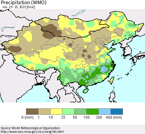 China, Mongolia and Taiwan Precipitation (WMO) Thematic Map For 6/19/2023 - 6/25/2023