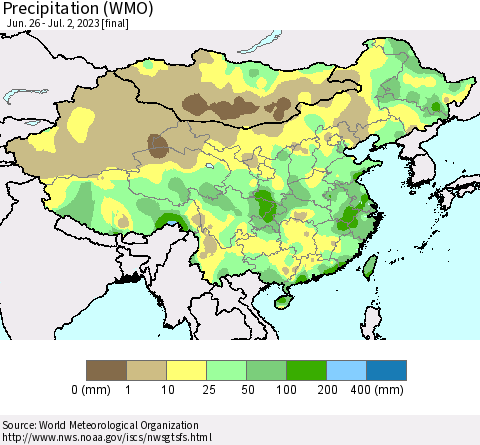 China, Mongolia and Taiwan Precipitation (WMO) Thematic Map For 6/26/2023 - 7/2/2023