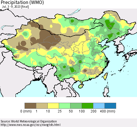 China, Mongolia and Taiwan Precipitation (WMO) Thematic Map For 7/3/2023 - 7/9/2023