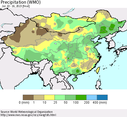 China, Mongolia and Taiwan Precipitation (WMO) Thematic Map For 7/10/2023 - 7/16/2023