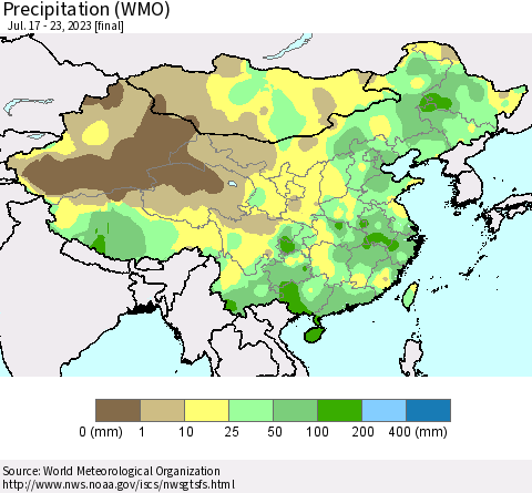 China, Mongolia and Taiwan Precipitation (WMO) Thematic Map For 7/17/2023 - 7/23/2023