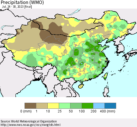 China, Mongolia and Taiwan Precipitation (WMO) Thematic Map For 7/24/2023 - 7/30/2023