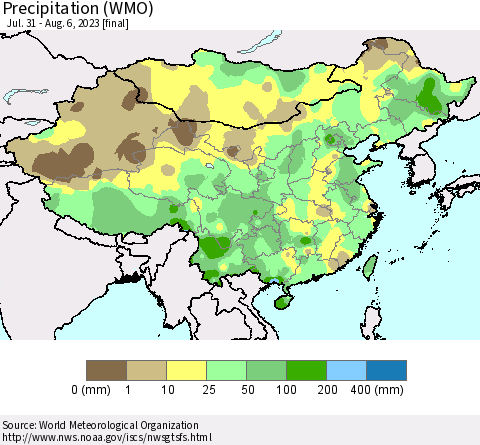 China, Mongolia and Taiwan Precipitation (WMO) Thematic Map For 7/31/2023 - 8/6/2023