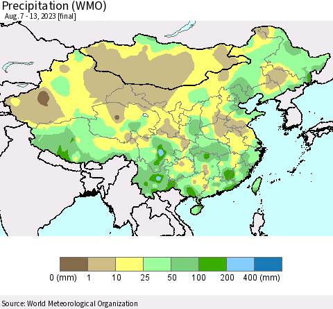 China, Mongolia and Taiwan Precipitation (WMO) Thematic Map For 8/7/2023 - 8/13/2023