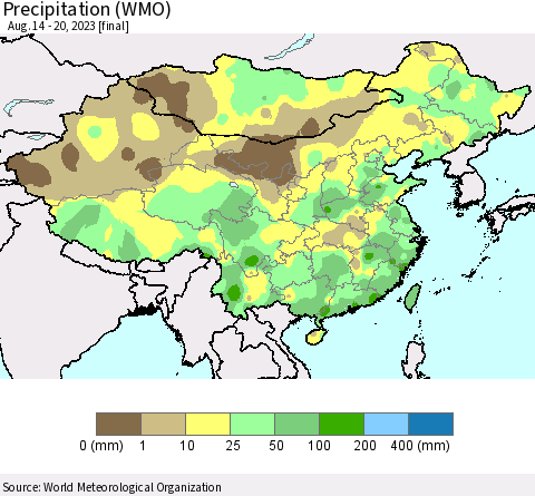 China, Mongolia and Taiwan Precipitation (WMO) Thematic Map For 8/14/2023 - 8/20/2023