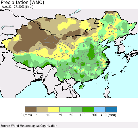 China, Mongolia and Taiwan Precipitation (WMO) Thematic Map For 8/21/2023 - 8/27/2023