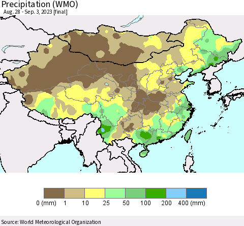 China, Mongolia and Taiwan Precipitation (WMO) Thematic Map For 8/28/2023 - 9/3/2023