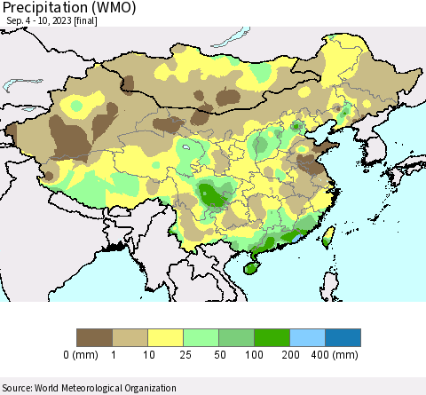 China, Mongolia and Taiwan Precipitation (WMO) Thematic Map For 9/4/2023 - 9/10/2023
