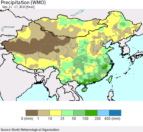 China, Mongolia and Taiwan Precipitation (WMO) Thematic Map For 9/11/2023 - 9/17/2023