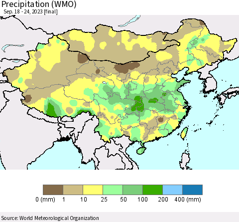 China, Mongolia and Taiwan Precipitation (WMO) Thematic Map For 9/18/2023 - 9/24/2023