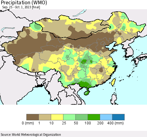 China, Mongolia and Taiwan Precipitation (WMO) Thematic Map For 9/25/2023 - 10/1/2023