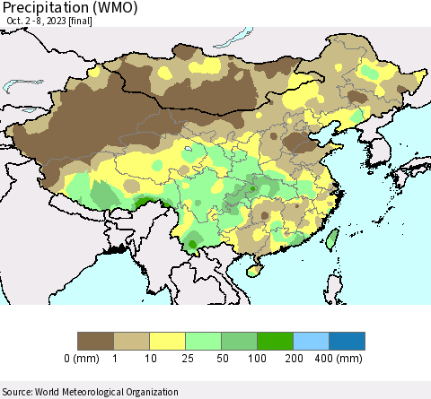 China, Mongolia and Taiwan Precipitation (WMO) Thematic Map For 10/2/2023 - 10/8/2023