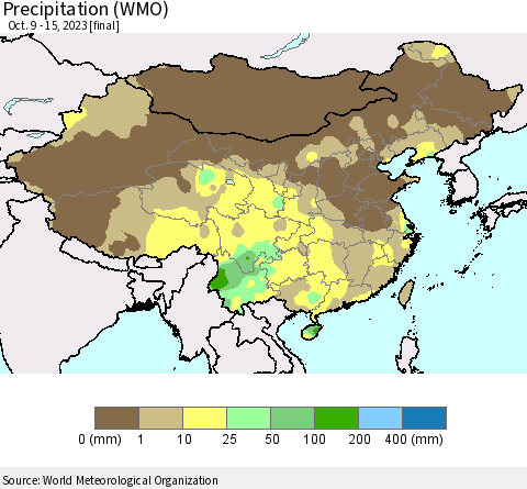 China, Mongolia and Taiwan Precipitation (WMO) Thematic Map For 10/9/2023 - 10/15/2023