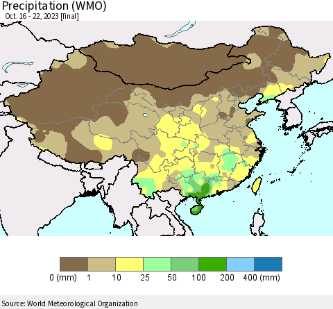 China, Mongolia and Taiwan Precipitation (WMO) Thematic Map For 10/16/2023 - 10/22/2023