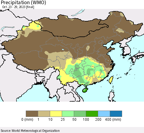 China, Mongolia and Taiwan Precipitation (WMO) Thematic Map For 10/23/2023 - 10/29/2023