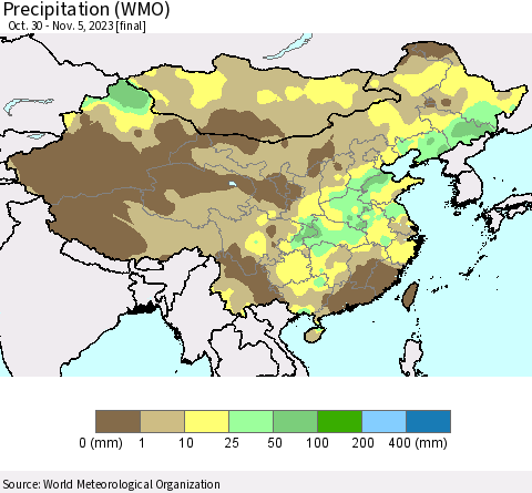 China, Mongolia and Taiwan Precipitation (WMO) Thematic Map For 10/30/2023 - 11/5/2023