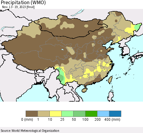 China, Mongolia and Taiwan Precipitation (WMO) Thematic Map For 11/13/2023 - 11/19/2023