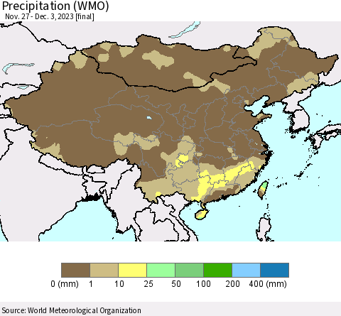 China, Mongolia and Taiwan Precipitation (WMO) Thematic Map For 11/27/2023 - 12/3/2023