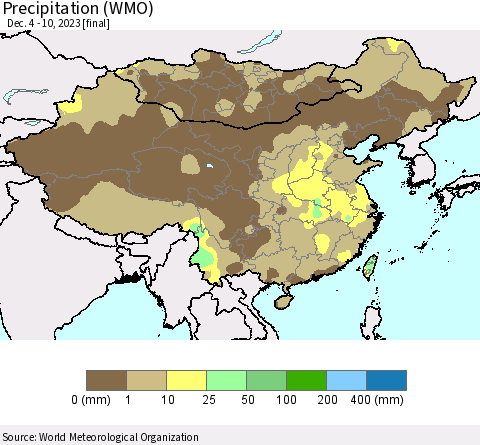 China, Mongolia and Taiwan Precipitation (WMO) Thematic Map For 12/4/2023 - 12/10/2023
