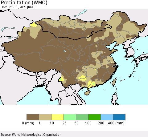 China, Mongolia and Taiwan Precipitation (WMO) Thematic Map For 12/25/2023 - 12/31/2023