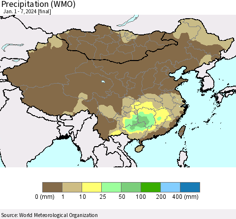 China, Mongolia and Taiwan Precipitation (WMO) Thematic Map For 1/1/2024 - 1/7/2024