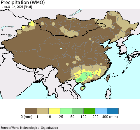China, Mongolia and Taiwan Precipitation (WMO) Thematic Map For 1/8/2024 - 1/14/2024