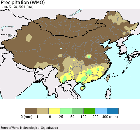 China, Mongolia and Taiwan Precipitation (WMO) Thematic Map For 1/22/2024 - 1/28/2024