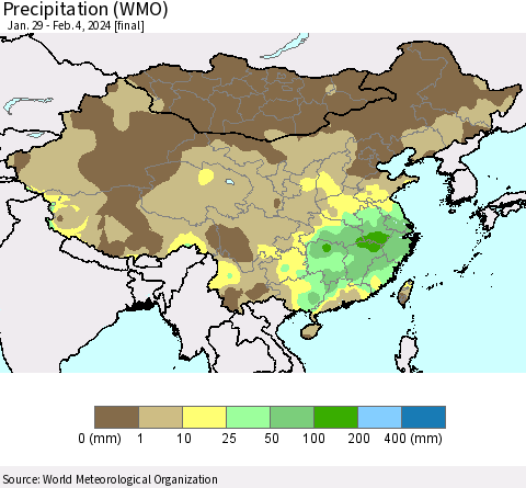 China, Mongolia and Taiwan Precipitation (WMO) Thematic Map For 1/29/2024 - 2/4/2024