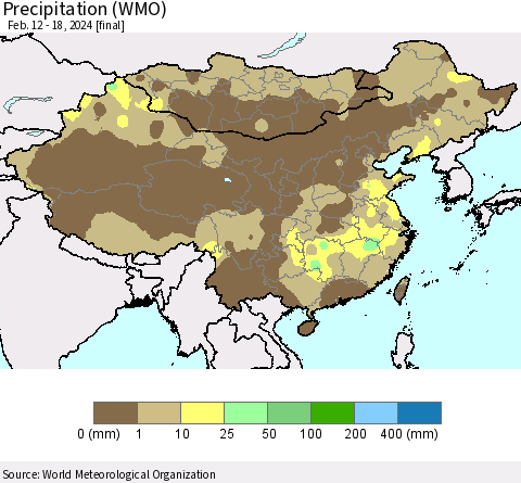 China, Mongolia and Taiwan Precipitation (WMO) Thematic Map For 2/12/2024 - 2/18/2024
