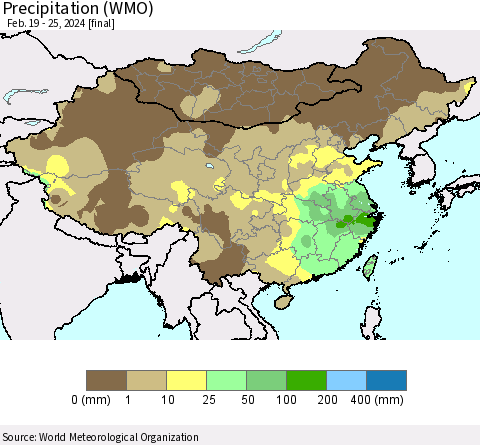 China, Mongolia and Taiwan Precipitation (WMO) Thematic Map For 2/19/2024 - 2/25/2024