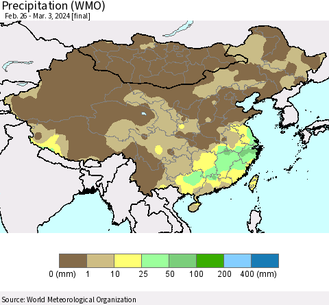 China, Mongolia and Taiwan Precipitation (WMO) Thematic Map For 2/26/2024 - 3/3/2024