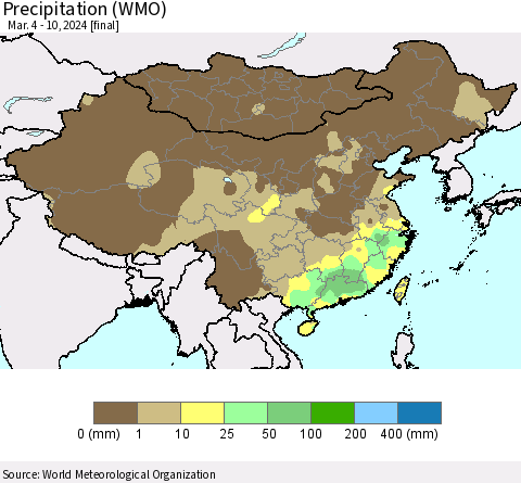 China, Mongolia and Taiwan Precipitation (WMO) Thematic Map For 3/4/2024 - 3/10/2024