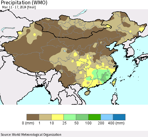 China, Mongolia and Taiwan Precipitation (WMO) Thematic Map For 3/11/2024 - 3/17/2024