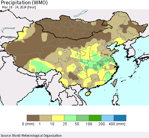 China, Mongolia and Taiwan Precipitation (WMO) Thematic Map For 3/18/2024 - 3/24/2024