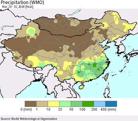 China, Mongolia and Taiwan Precipitation (WMO) Thematic Map For 3/25/2024 - 3/31/2024